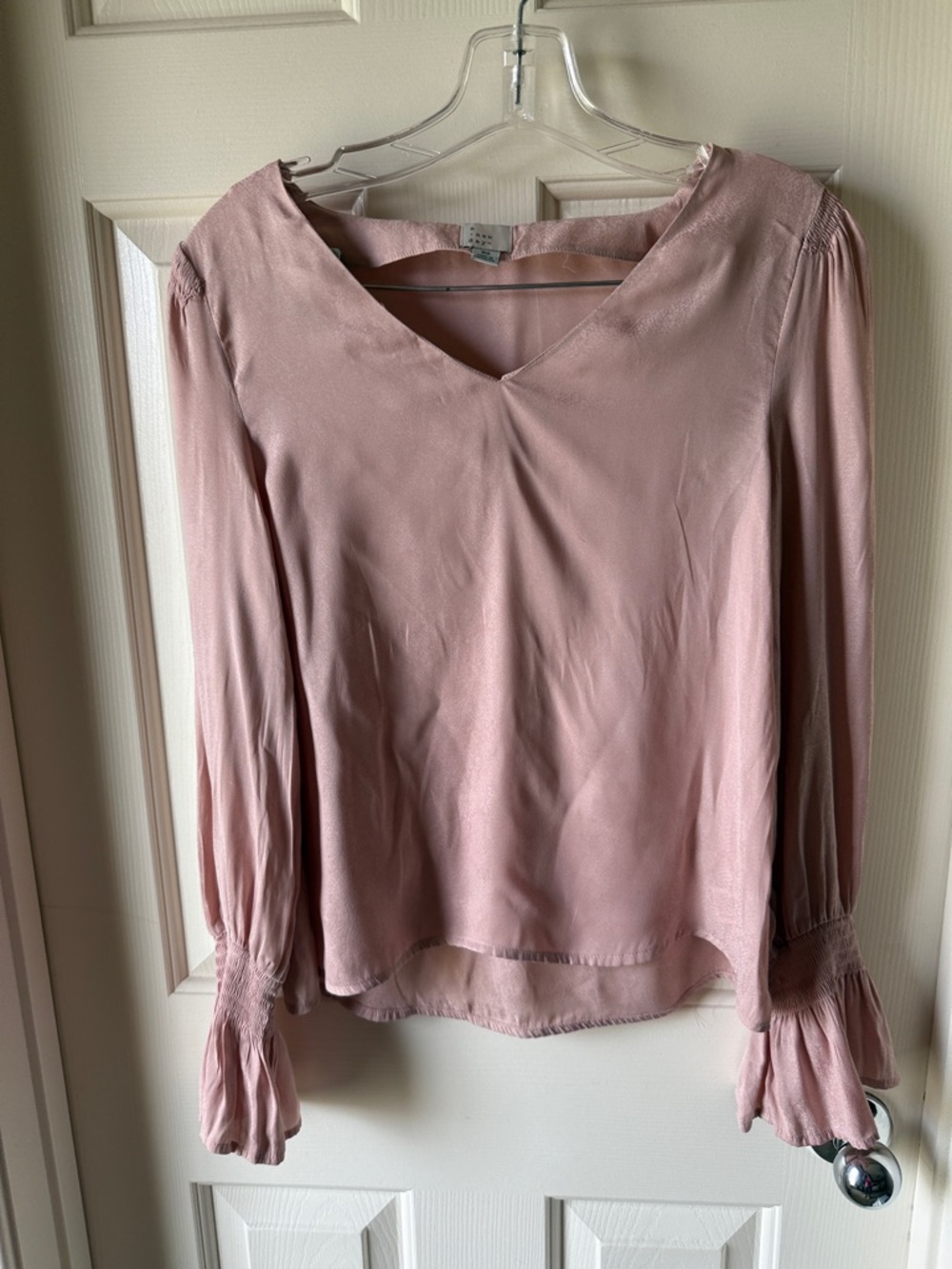 a new day Blush Pink V-Neck Long Sleeve Ruffle Cuff Blouse